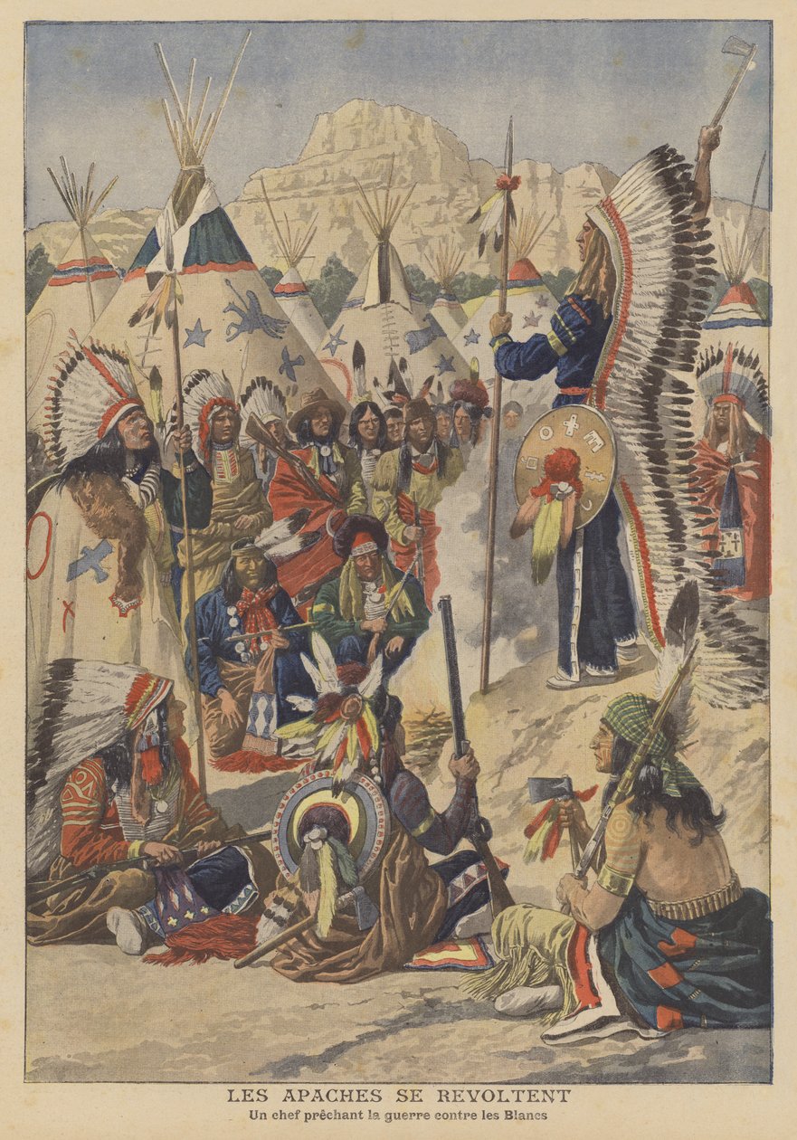 Opstand van de Apachen in Arizona (kleurenlitho) door French School