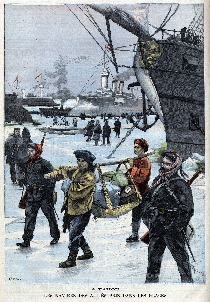Opstand van de Boksers (1898-1900) de schepen van de geallieerden in het ijs Atakou. in 