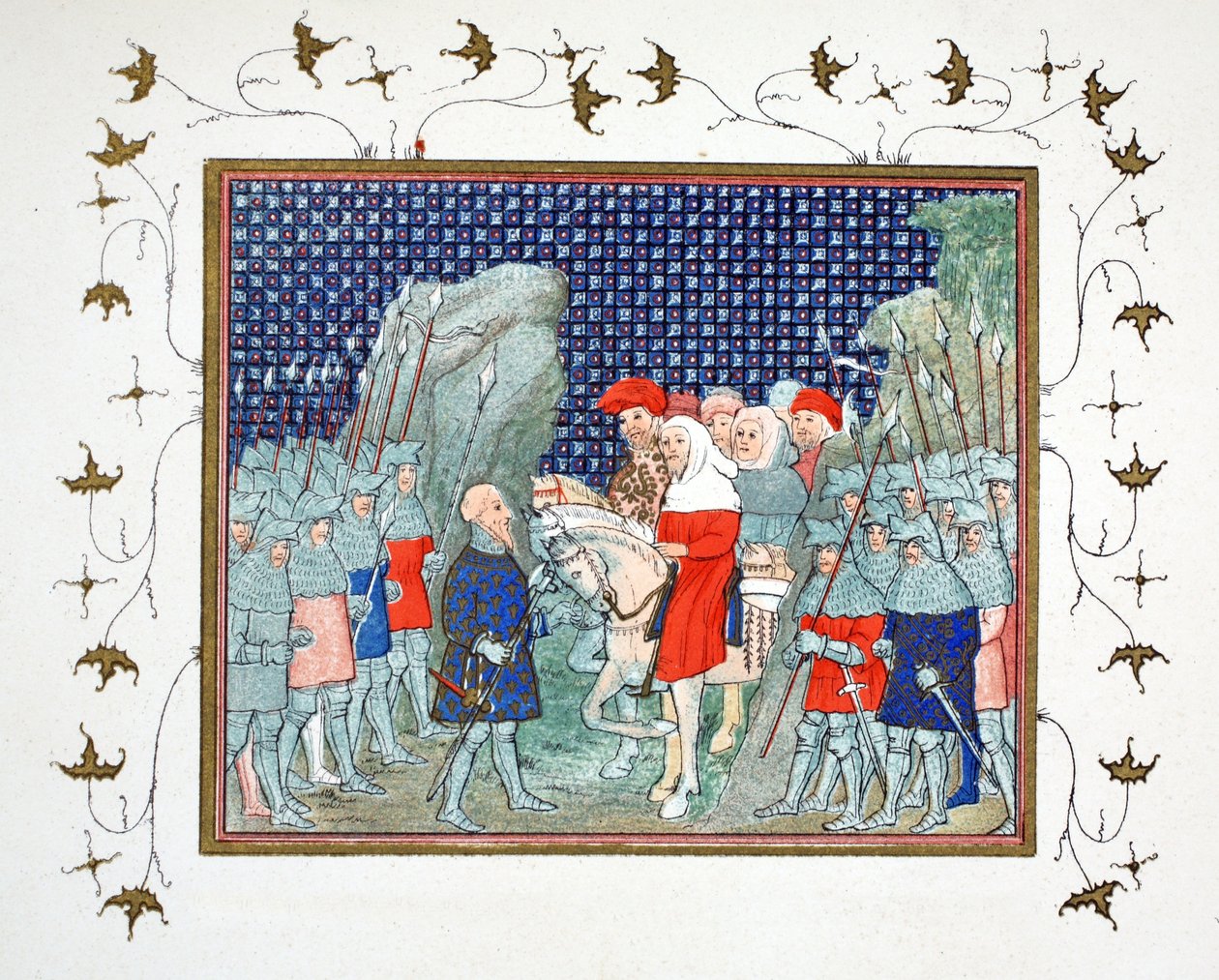 Richard II verraden bij Penmaur Rhos en gevangen genomen door de hertog van Northumberland, facsimile kopie uit Le Prinse et Mort du Roy Richart door Jean Creton, herdrukt 19e eeuw door French School