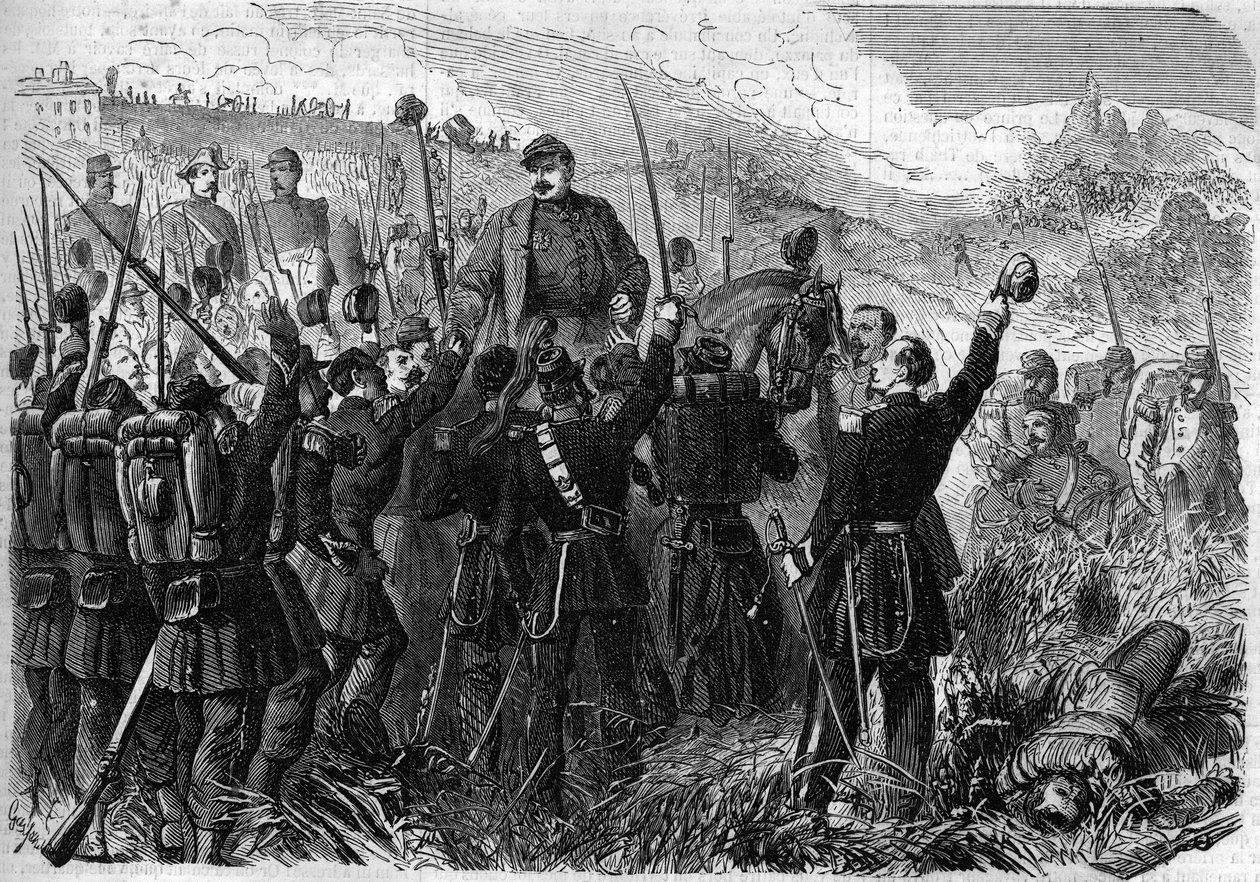 Risorgimento - Slag bij Montebello della Battaglia (Italië), 21 mei 1859: Franse generaal Elie Frederic Forey (1804 - 1872), commandant van het Italiaanse leger, werd door zijn soldaten gevierd na zijn overwinning op het Oostenrijkse leger. Gravure in "Le  door French School