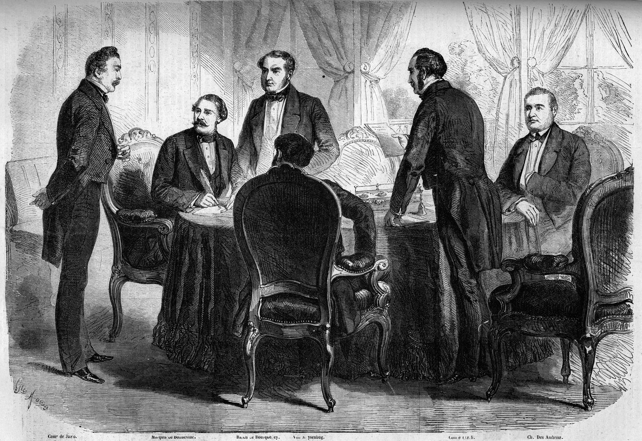 Risorgimento - Verdrag van Zürich - 10 november 1859: ondertekening van het Verdrag van Zürich door de gevolmachtigden van Frankrijk, Oostenrijk en Sardinië. Oostenrijk moet Lombardije aan Italië afstaan. Gravure in 