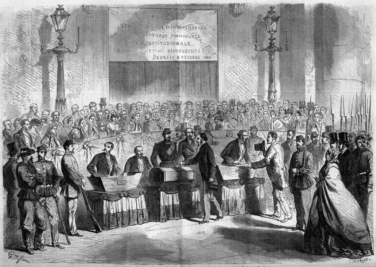 Risorgimento, Napels, 21 oktober 1860: stemming van de bevolking in de kerk van Saint Francois de Paule over de aansluiting van de stad bij het Koninkrijk Italië. Gravure in 