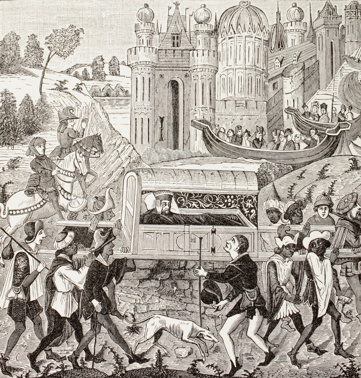 Robert I, Hertog van Normandië, wordt gedragen in zijn draagstoel door negers, uit 
