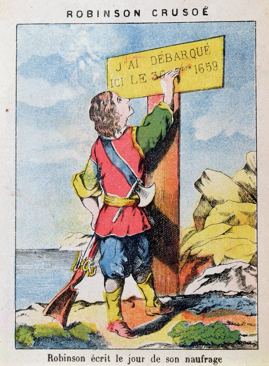 Robinson Crusoe schrijft de datum van het schipbreuk door French School