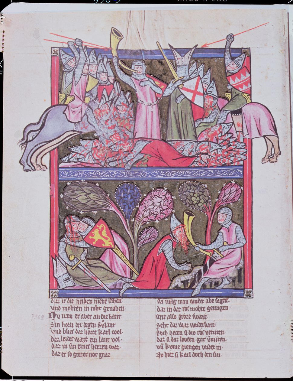 Roland blaast de hoorn bij Roncevaux, illustratie uit Le Chanson de Roland, kopie van een origineel manuscript bewaard in Saint-Gall in Zwitserland door French School