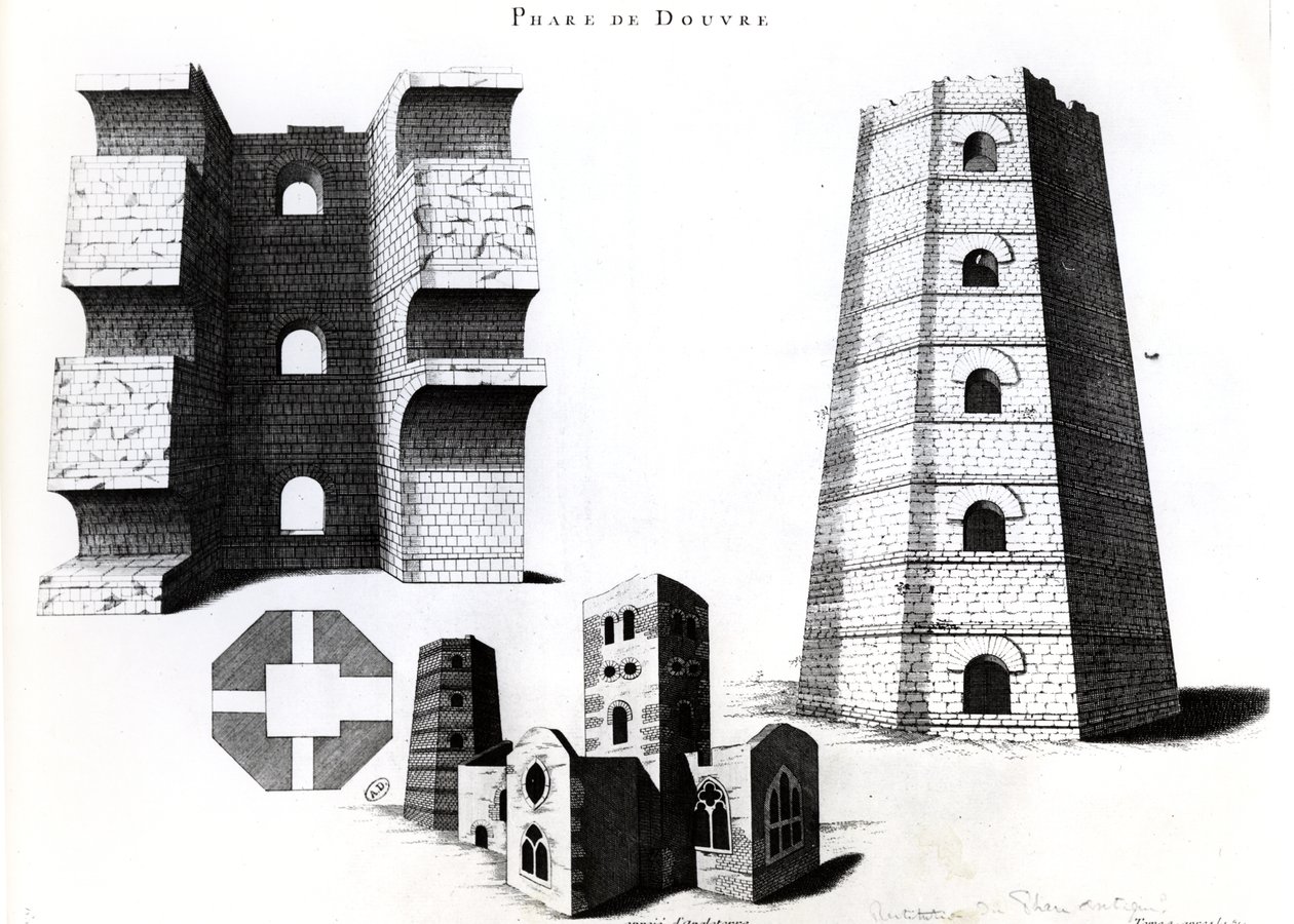 Romeinse vuurtoren en kerk van St. Mary-in-Castro in Dover, Kent, Engeland door French School