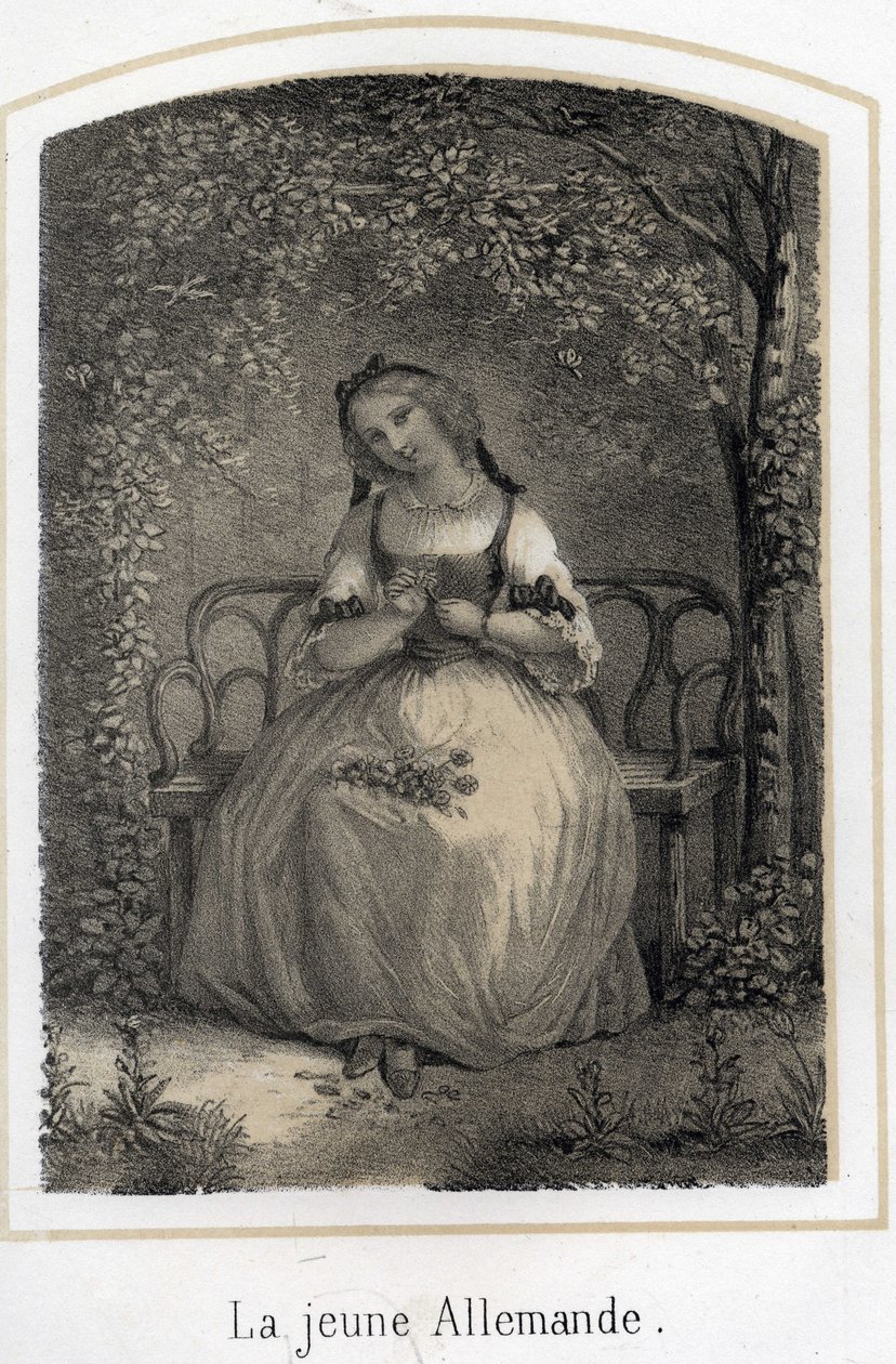 Romantiek: een jonge Duitse vrouw die op een bankje zit en een madeliefje plukt, denkend aan haar geliefde. Anonieme gravure uit de 19e eeuw door French School