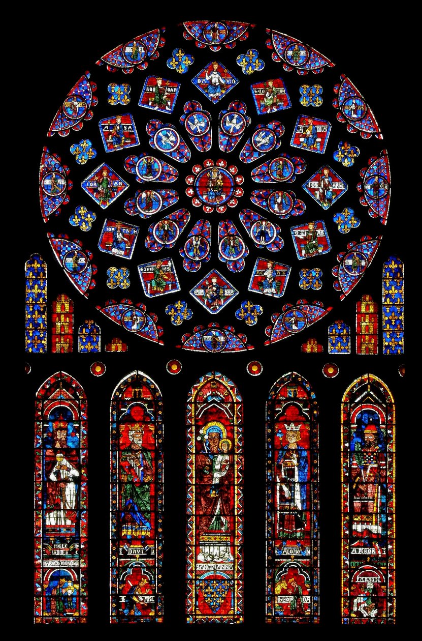 Roosvenster met koningen en profeten rondom de Maagd Maria en het kind Christus door French School
