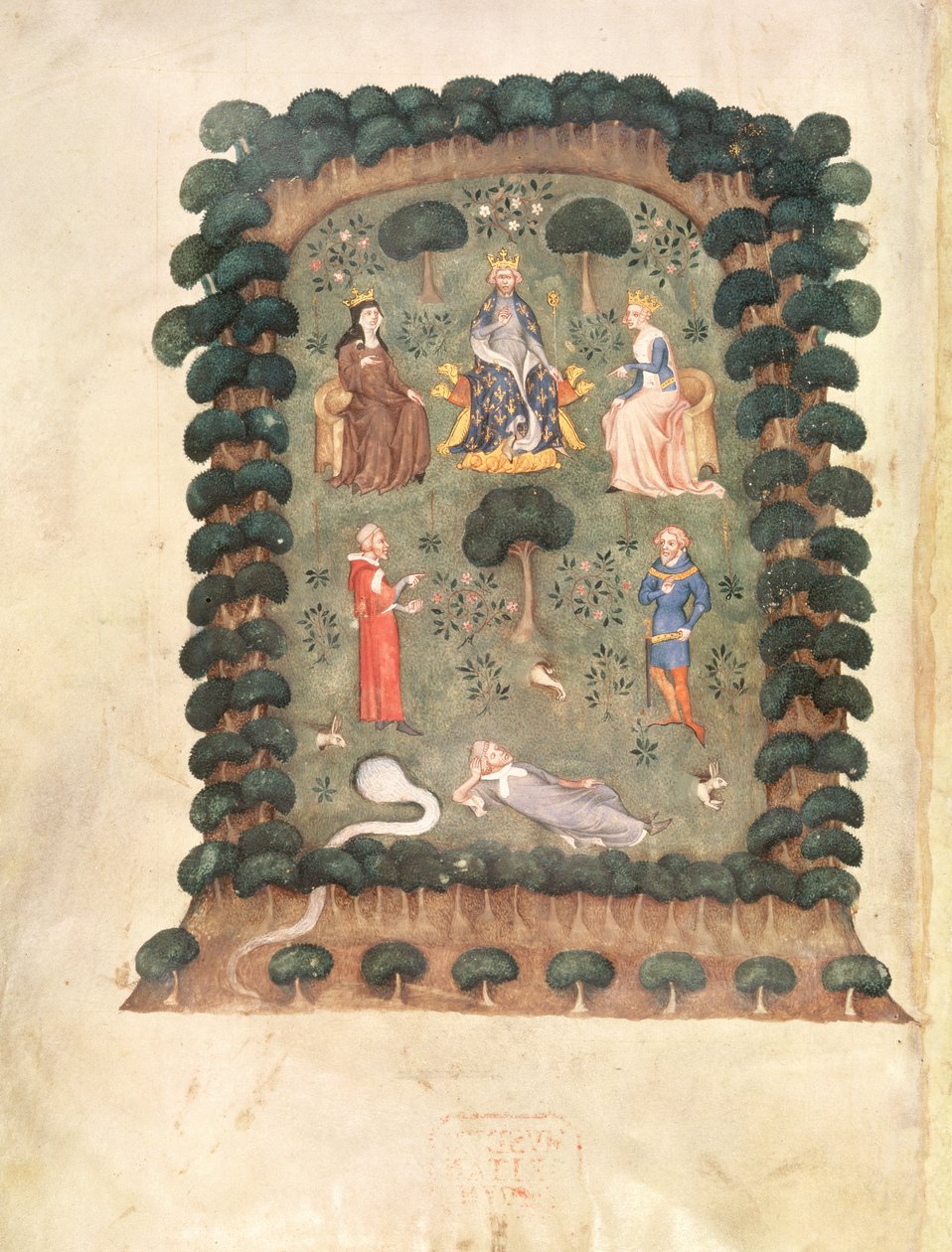 Karel V op de troon in de tuin met kroon en scepter, uit de 