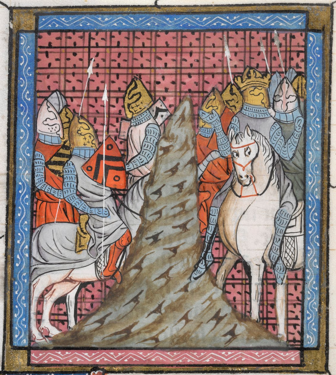 Detail van een miniatuur van de verdeling van een kruisvaardersleger tijdens het oversteken van een berg, illustratie uit 