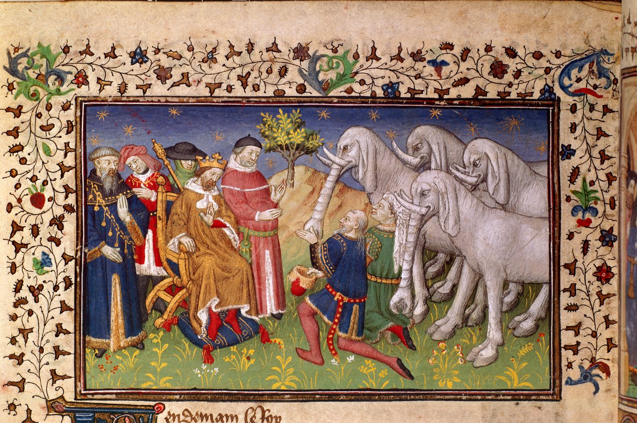 Royal 20 B. XX, fol.82v, Alexander krijgt witte olifanten, uit 
