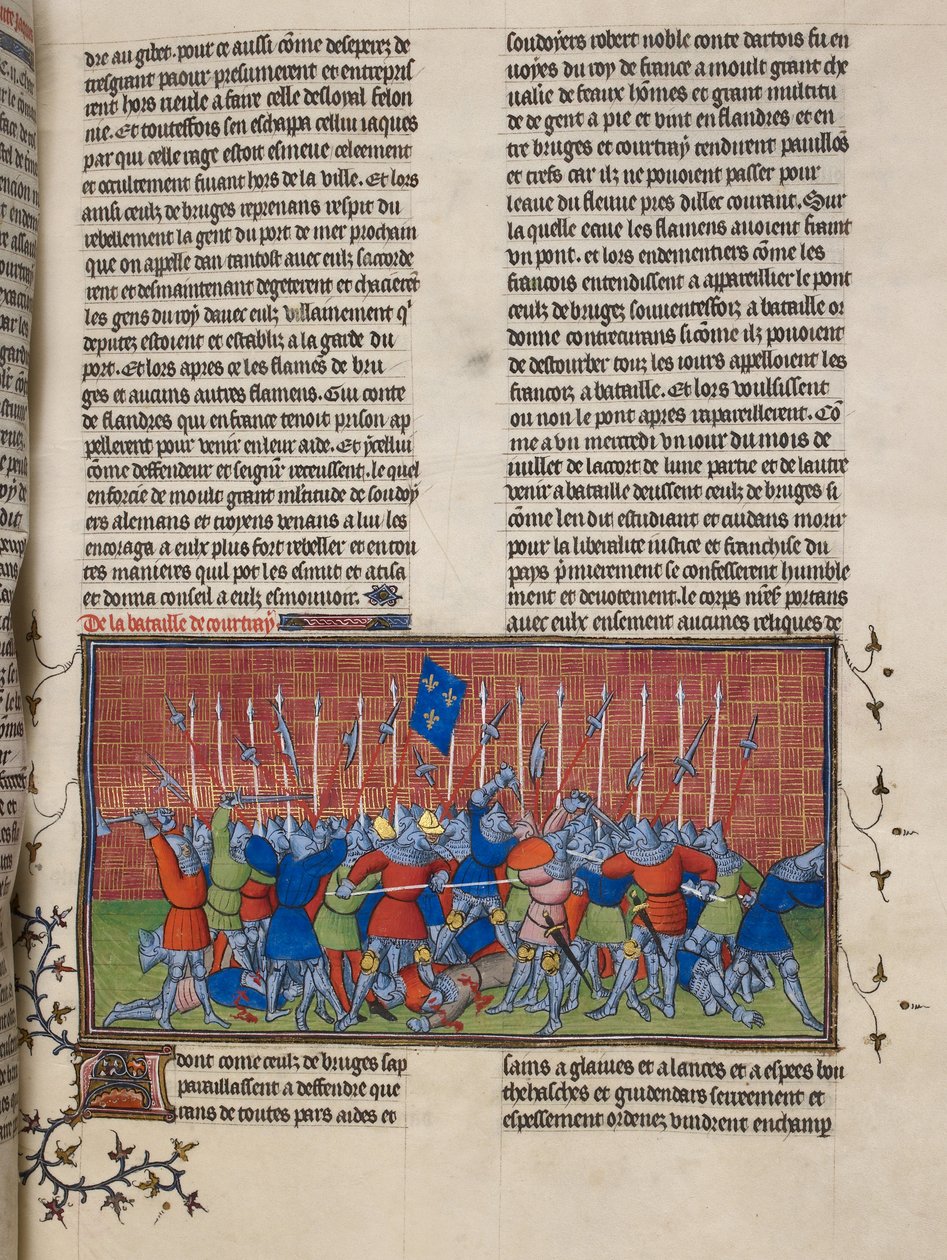 Royal 20 C. VII, f.34 De Slag bij Kortrijk, illustratie uit de 
