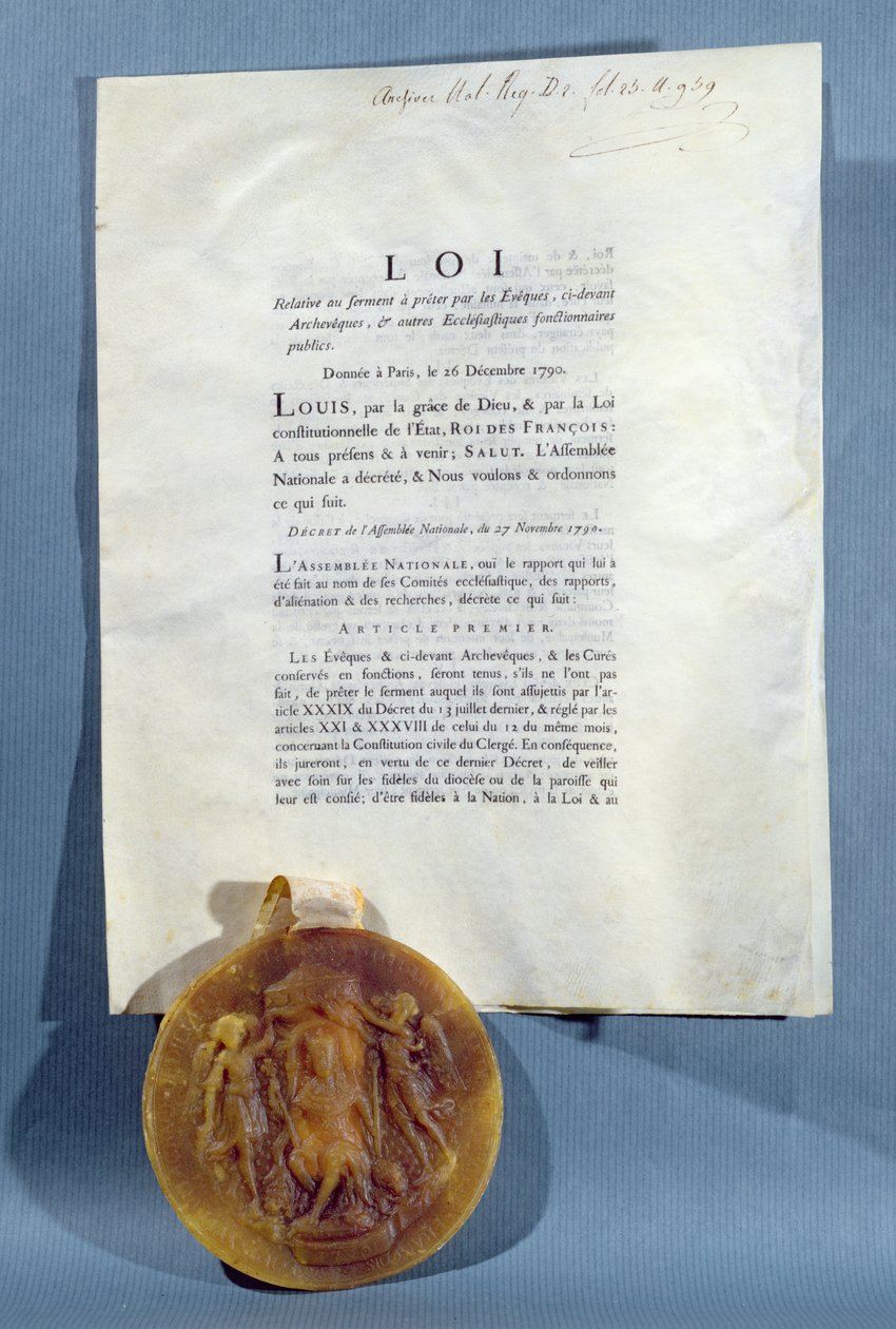 Koninklijk besluit van Lodewijk XVI waarin de verplichting van Franse bisschoppen en priesters wordt bevestigd om een eed van trouw aan de Civiele Grondwet van de Geestelijkheid af te leggen, 16 december 1790 door French School