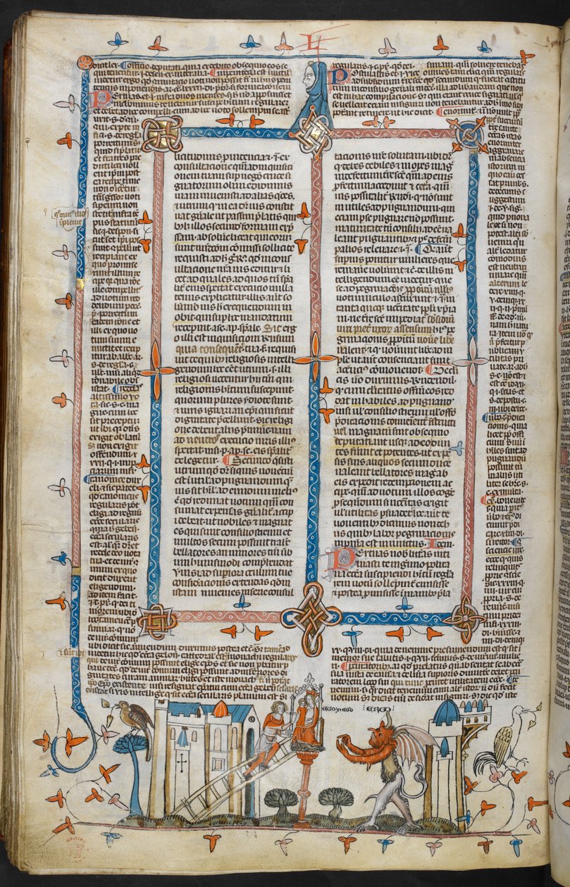 Royal MS 10 E IV, f.209v, De Schilder en de Duivel, uit Decretalen van Gregorius IX met glossen van Bernard van Parma (de 