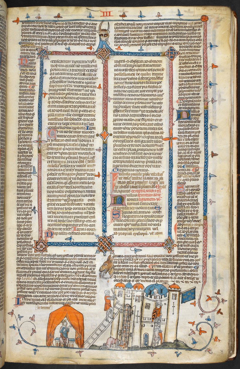 Royal MS 10 iv f.202r Aanval op een versterkt kasteel en marginale decoratie, illustratie uit 