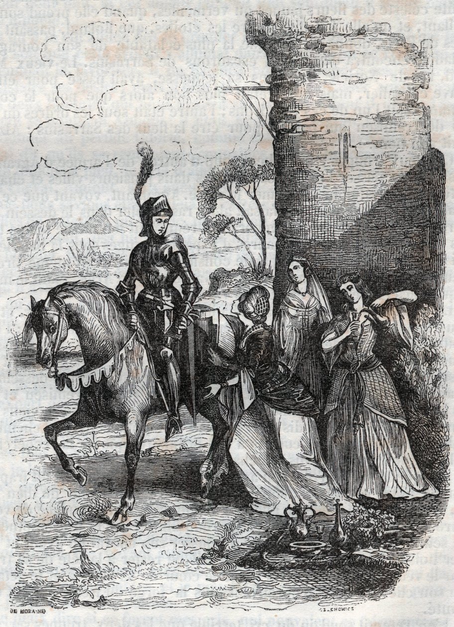 Ruggiero en drie nimfen van het hof van Alcina - gravure uit 1851 van het gedicht Orlando furioso door French School