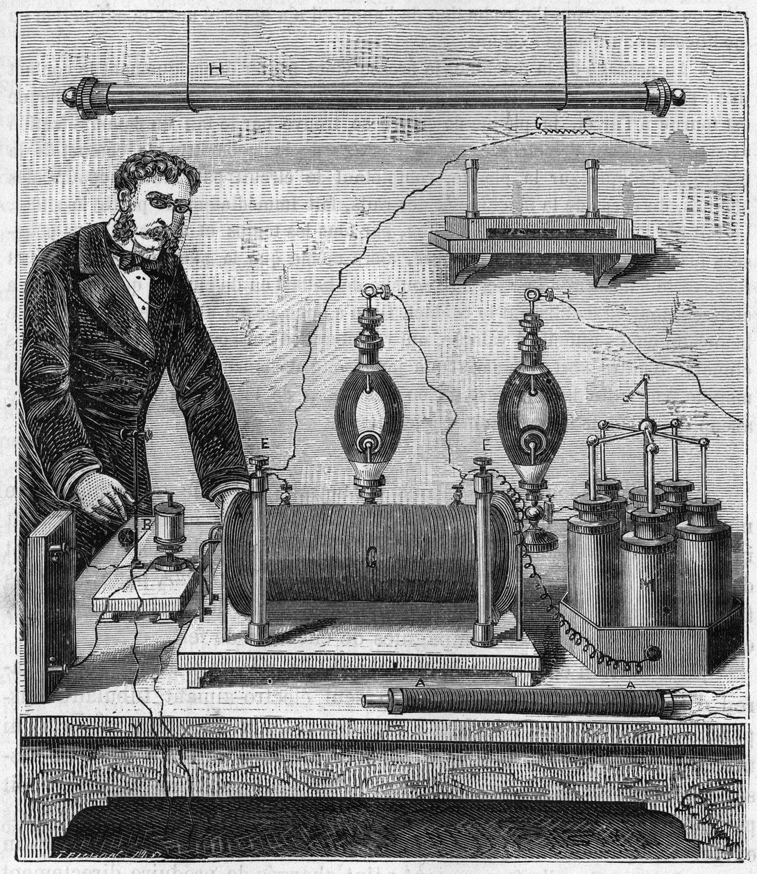 Ruhmkorff-inductor - De inductiespoel van Ruhmkorff (Heinrich Daniel Ruhmkorff) - Gravure in 