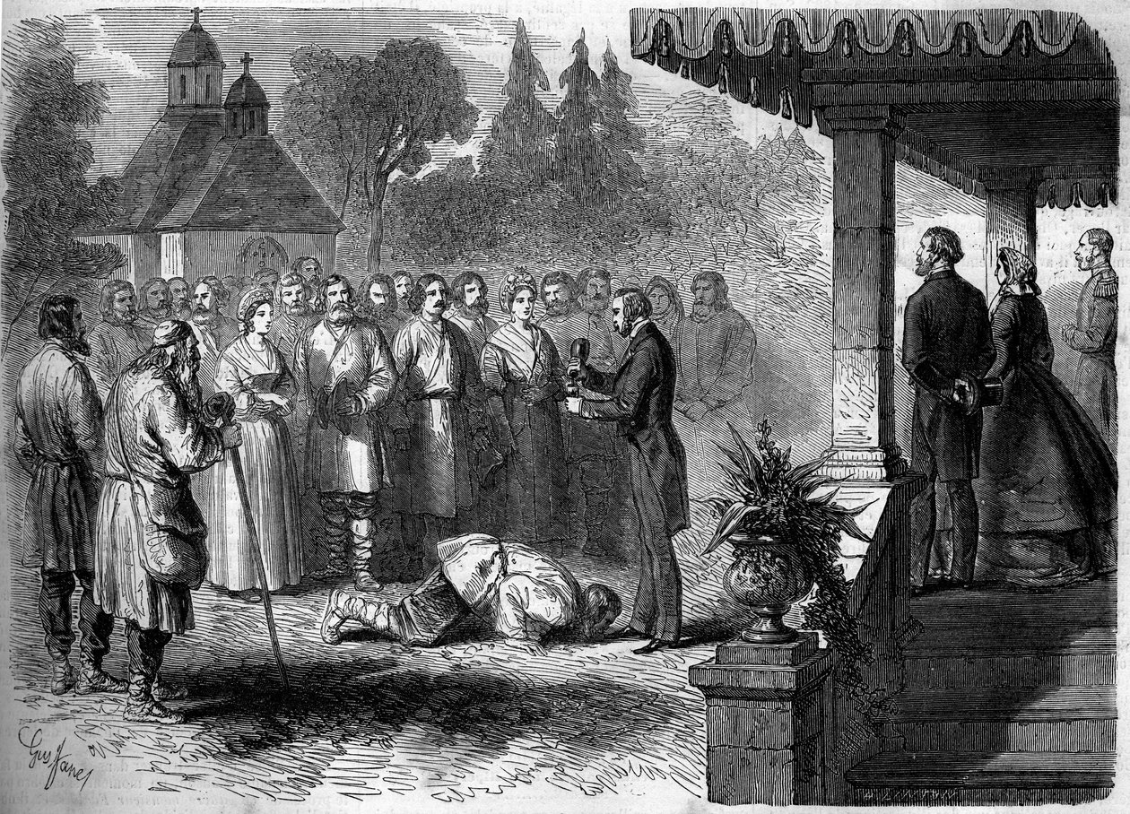 Russisch gebruik: ceremonie van emancipatie van een lijfeigene. Als teken van onderwerping kust de bevrijde lijfeigene de voeten van zijn heer, die zichzelf een glas aardappelbrandewijn inschenkt. Gravure in 