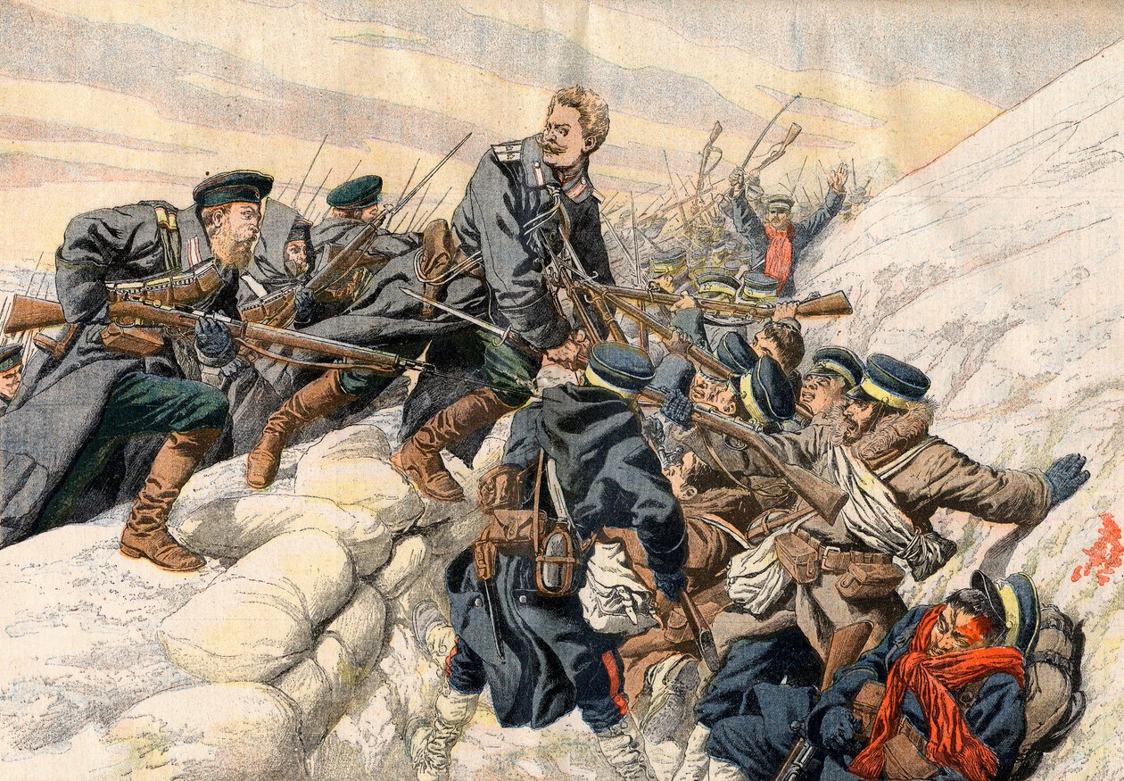 Russisch-Japanse Oorlog - Gevechten in de loopgraven bij Port Arthur, Russisch-Japanse Oorlog. De heroïsche dood van de Russische luitenant Alexander - In de loopgraven van Port Arthur. Heroïsche dood van de Russische luitenant Alexander. Illustratie voor  door French School