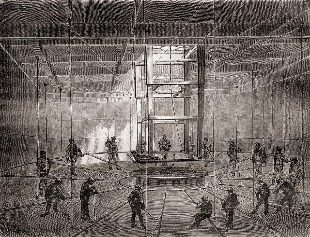 Matrozen en arbeiders die de trans-Atlantische telegraafkabel oprollen in de bilgetanks van de S.S. Great Eastern door French School