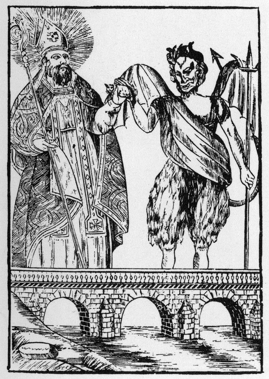 Saint Cado (of Cadoc of Catuod of Catoc of Cazut of Cadochus) legendarische christelijke heilige geeft een kat aan de duivel in ruil voor het bouwen van een brug - populaire afbeeldingen Perret. door French School