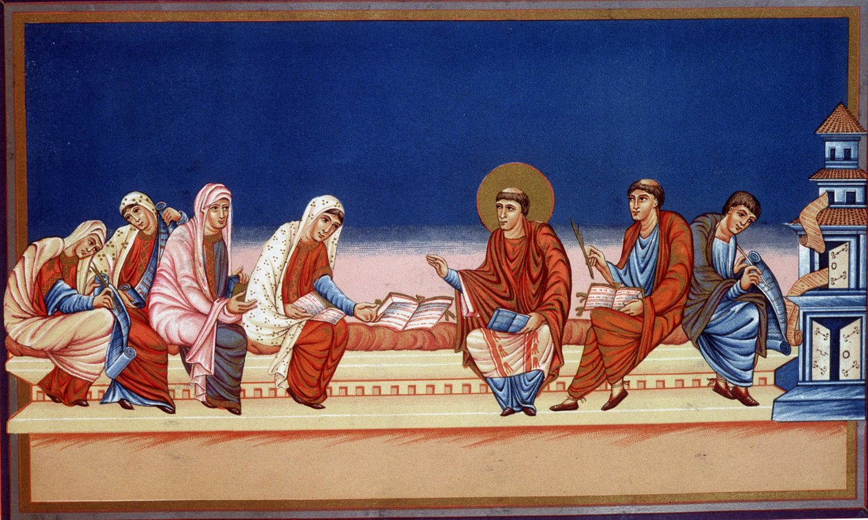 Sint Hiëronymus legt het Evangelie uit aan Eustochia en Paule, 9e eeuw door French School