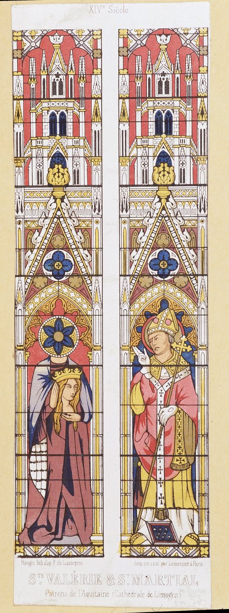 Sint Valerie, maagd en martelaar in Limoges (3e eeuw) en Sint Martial, bisschop van Limoges (3e eeuw), beschermheiligen van Aquitaine. Facsimile die de glas-in-loodramen van de Kathedraal van Limoges reproduceert. door French School