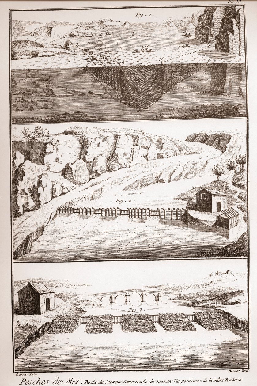Zalmvisserijtechnieken - Encyclopedie of Woordenboek van de Wetenschappen, Kunsten en Beroepen door Denis Diderot (1713-1784) en Jean d