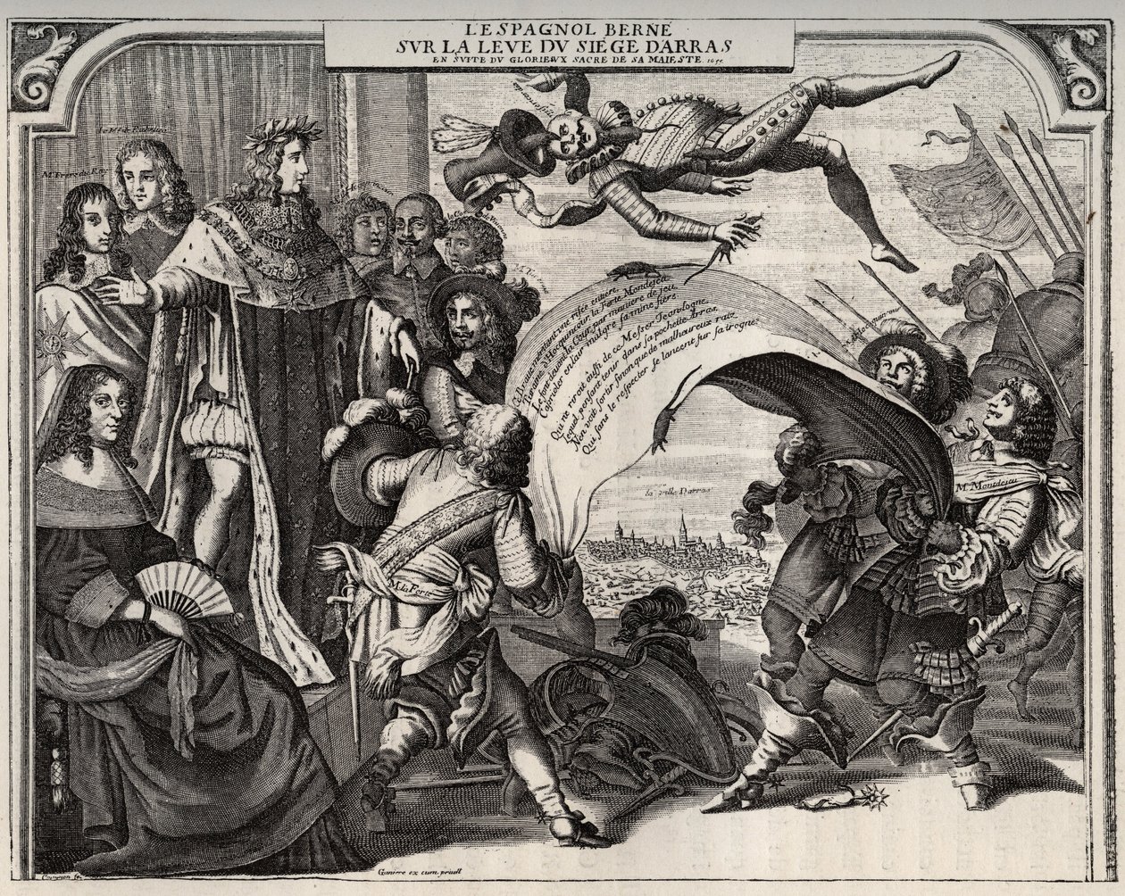 Satirische allegorie over de opheffing van het beleg van Arras in 1654 na de kroning van Lodewijk XIV (1638-1715). Linksonder is koningin Anna van Oostenrijk (1601-1666). Naast Lodewijk XIV staat kardinaal Jules Mazarin (1602-1661). Gravure door French School