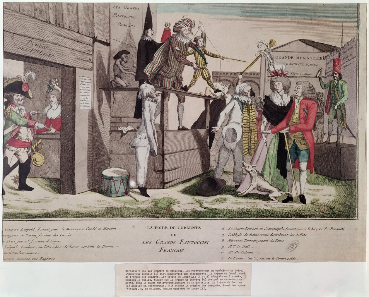 Satirische cartoon over de Franse emigranten in Coblentz en de Verklaring van Pillnitz, 1791 door French School