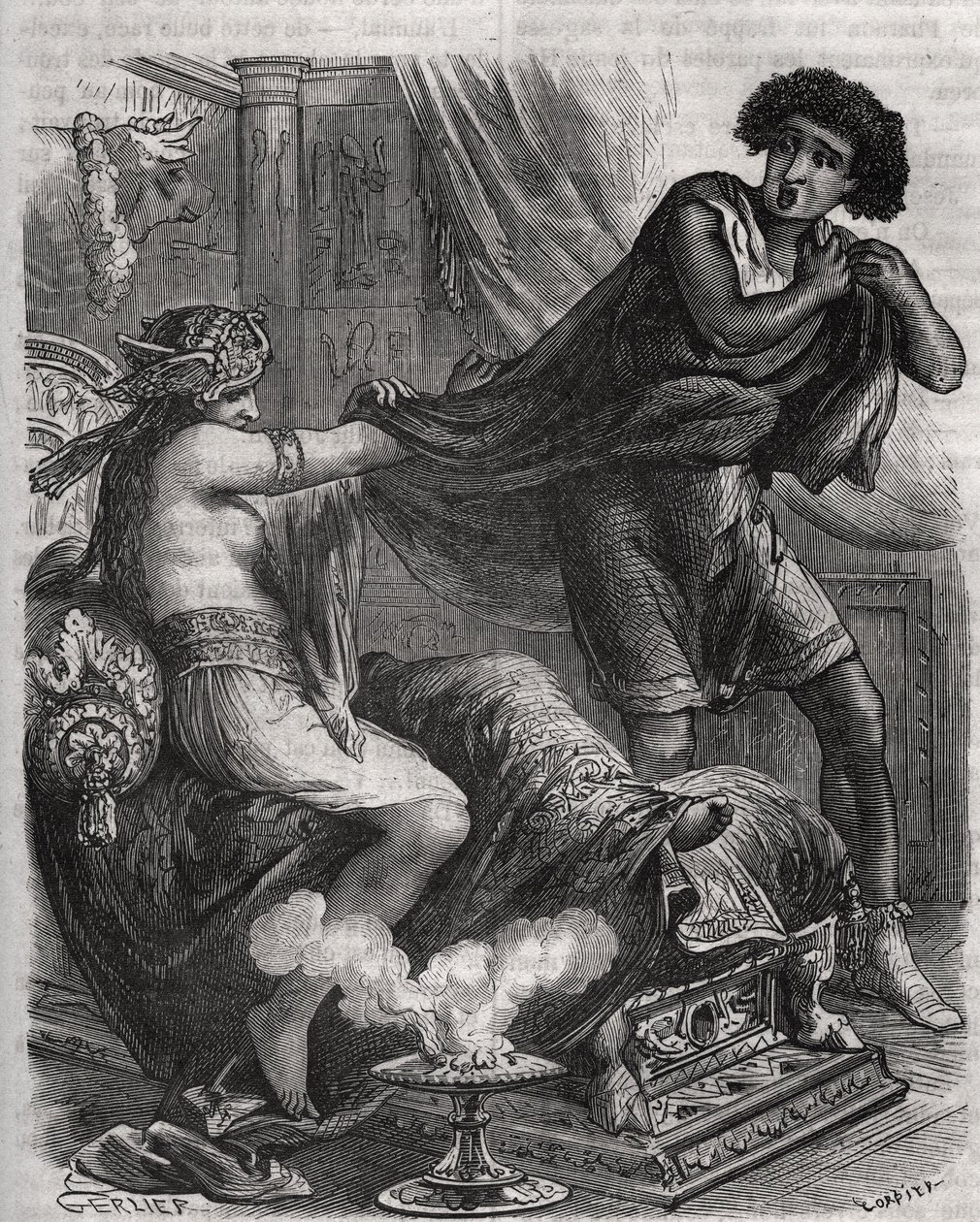Scène uit de Bijbel: "Ze greep de te deugdzame jongeman bij zijn tuniek". De vrouw van Putiphar probeert Jozef, een slaaf van de farao, te verleiden. Gravure uit 1871 in "Histoire Des Cocus Celebres" door Henry de Kock door French School