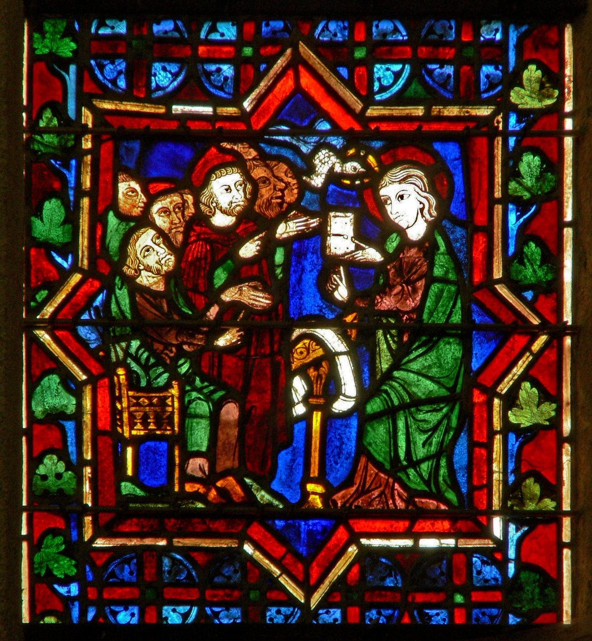 Scène in het oostelijke raam met een scène uit het leven van St. Catharina: met de filosofen door French School