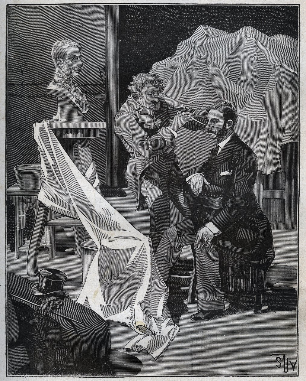 Beeldhouwkunst, werkplaats van een beeldhouwer, focus en beeldhouwen van een buste. Gravure uit 1880 in Les arts et métiers illustrés door Adolphe Bitard. door French School