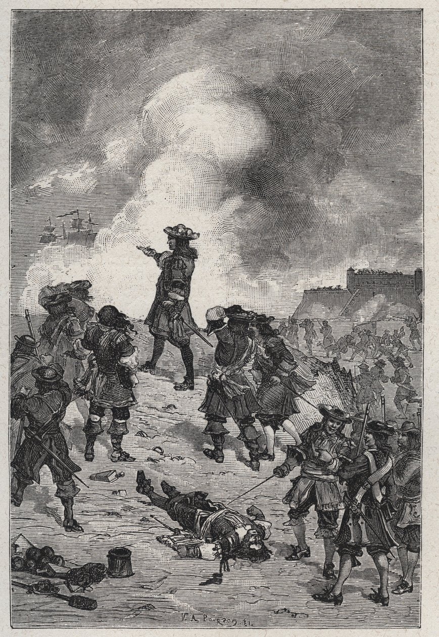Sébastien Le Prestre, heer van Vauban, maarschalk van Frankrijk, verdedigt Brest tegen een aanval van de Engelse vloot in 1695 - gravure in 