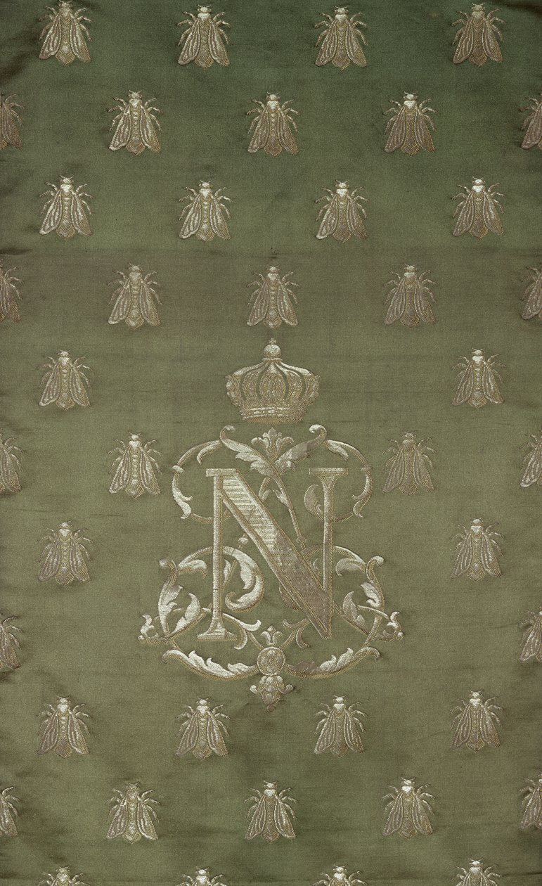 Sectie van groene en gouden damast met het embleem en koninklijk wapen van Napoleon III (1808-73) door French School