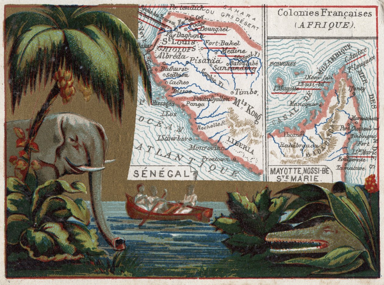 Senegal, Mayotte, Ile de Sainte Marie, Nossi Be (Nossi-be of Nosy-be), Afrika. Olifant, krokodil en boot in een rivier. Serie over de Franse koloniën. Chromolithografie 