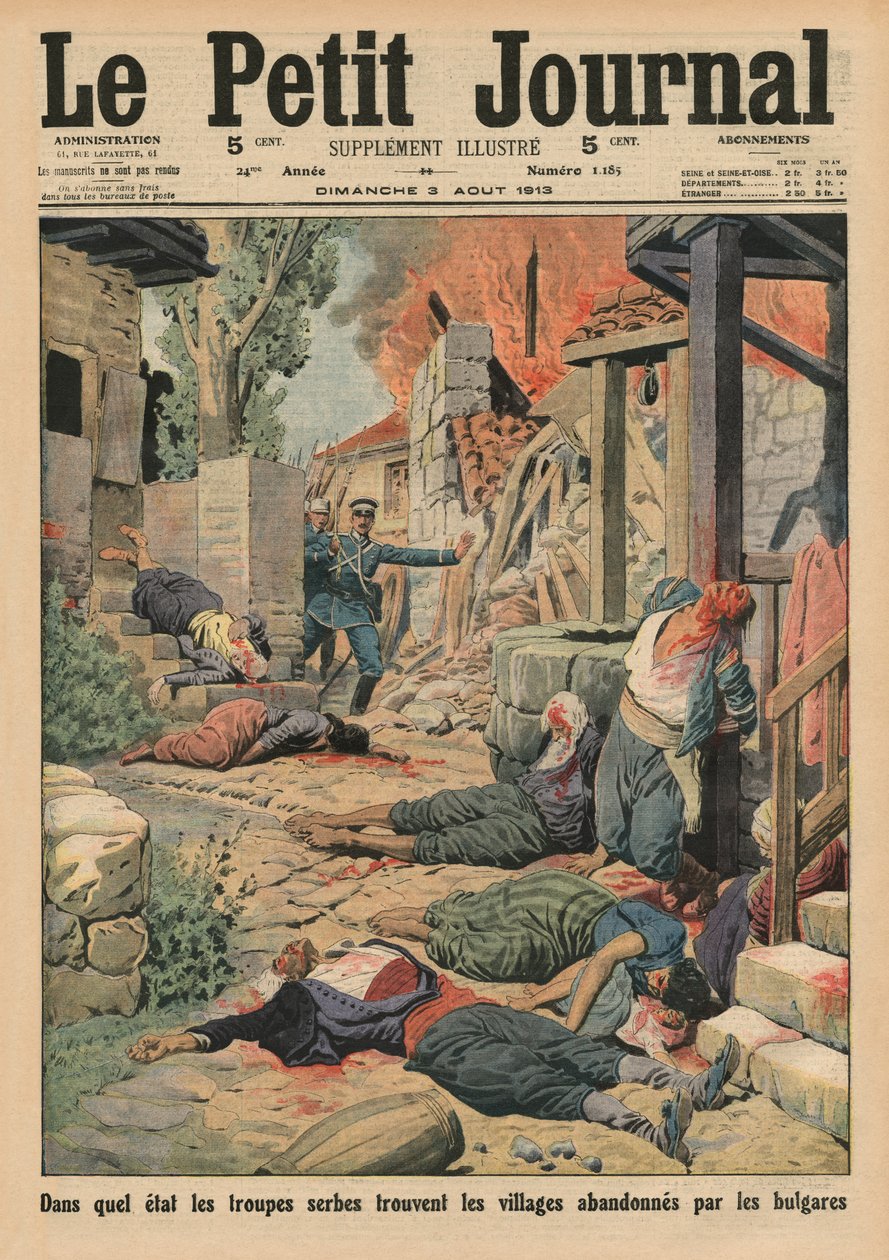 Servische troepen arriveren in de dorpen verlaten door de Bulgaren, voorpagina illustratie uit 