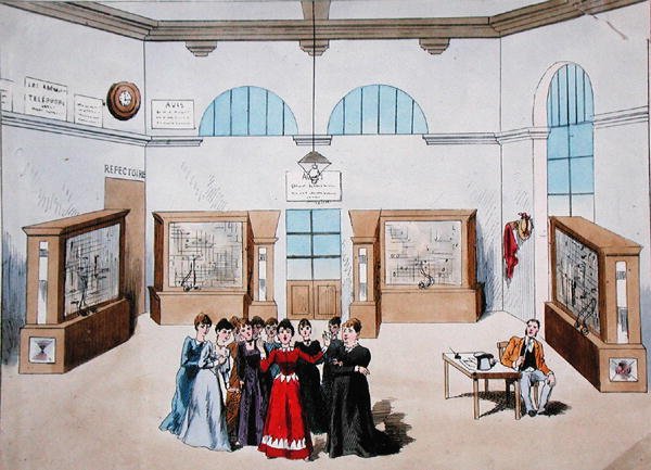 Decorontwerp voor een operette met vrouwelijke telefonistes in een centrale telefooncentrale, eind 19e eeuw door French School