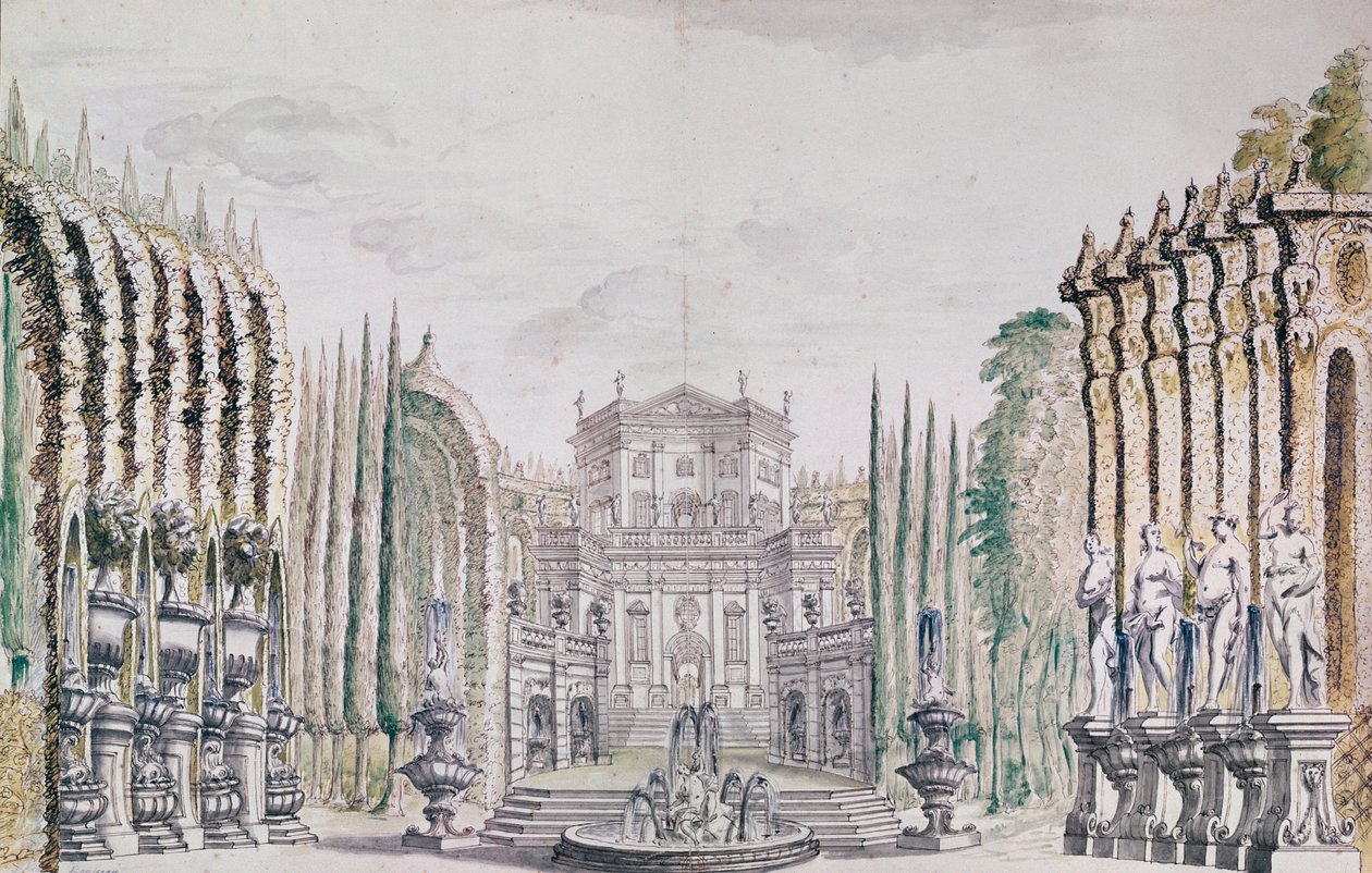 Decorontwerp van een paleis voor een theater, ca. 1660-80 (pen & inkt en wc op papier) door French School