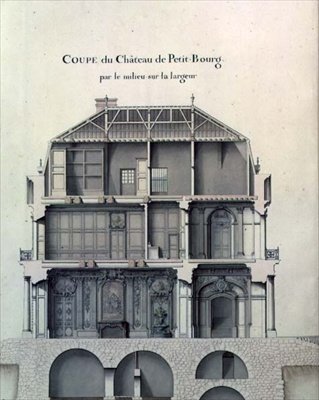 Dwarsdoorsnede door het midden van het Chateau de Petit-Bourg, met zicht op de salon door French School