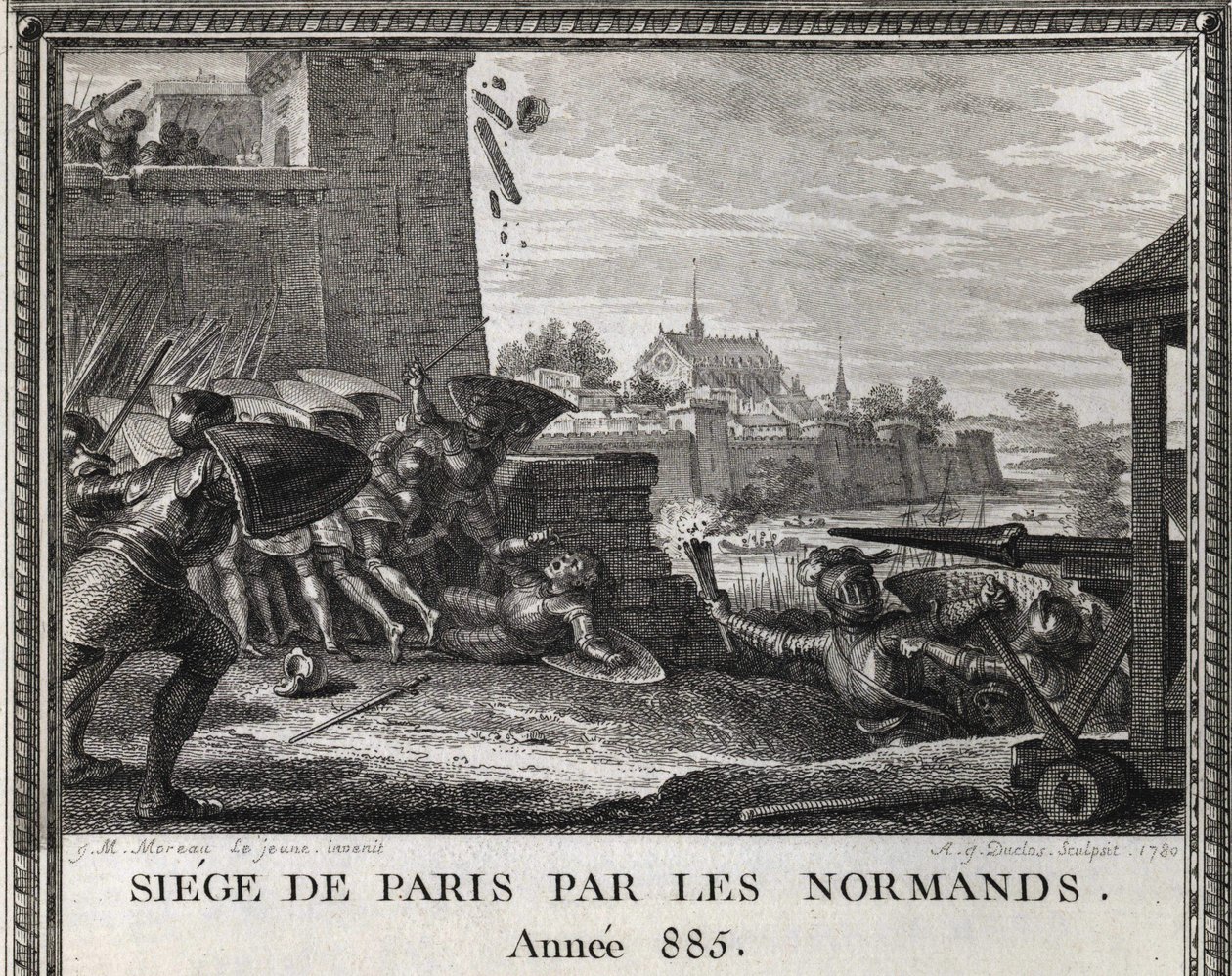 Beleg van Parijs door de Noormannen, jaar 885. Gravure uit de 
