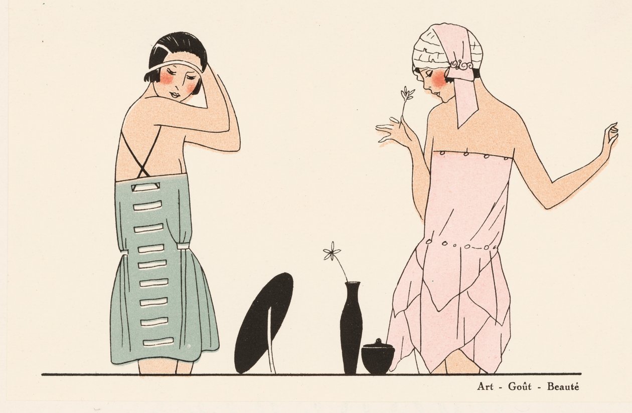 Zijden lingeriemode uit de jaren 1920 (kleurenlitho) door French School
