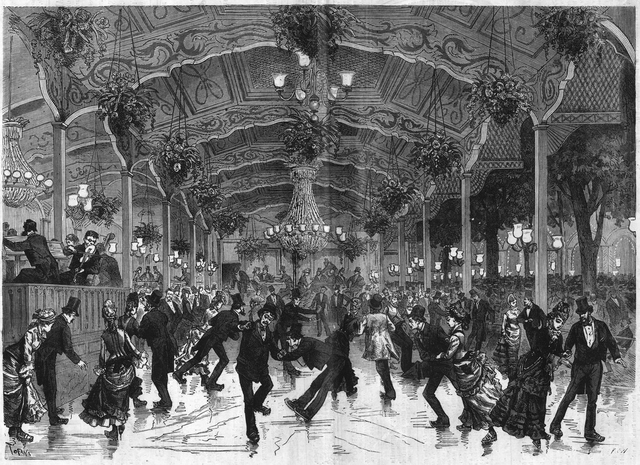 Schaatsbaan in Bullier. Dansbaan op rolschaatsen bij Bal Bullier in Parijs. Gravure in 