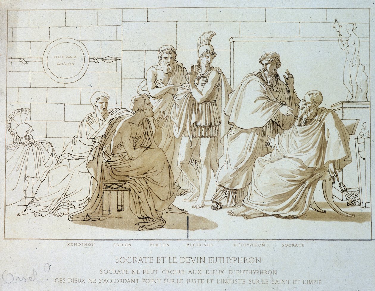 Socrates en de trooster Euthyphron: Socrates kan niet geloven in de goden van Euthyphron, deze goden zijn het niet eens over het rechtvaardige en het onrechtvaardige over het heilige en het goddeloze. Representatie van Xenophon, Criton, Plato, Alcibiades,  door French School