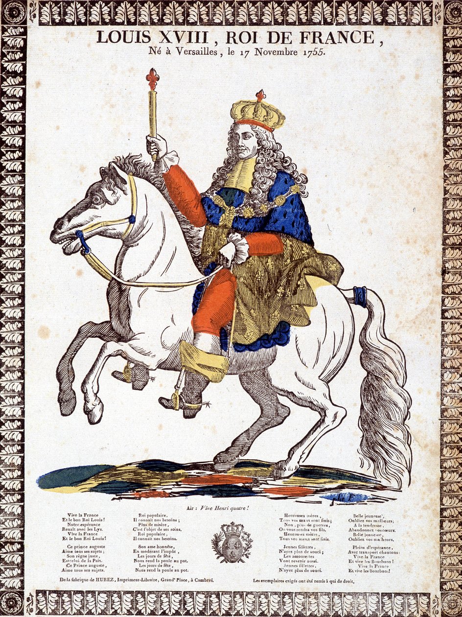 Lied ter ere van de koning van Frankrijk Lodewijk XVIII, geïllustreerd door een ruiterportret van de koning (gravure) door French School