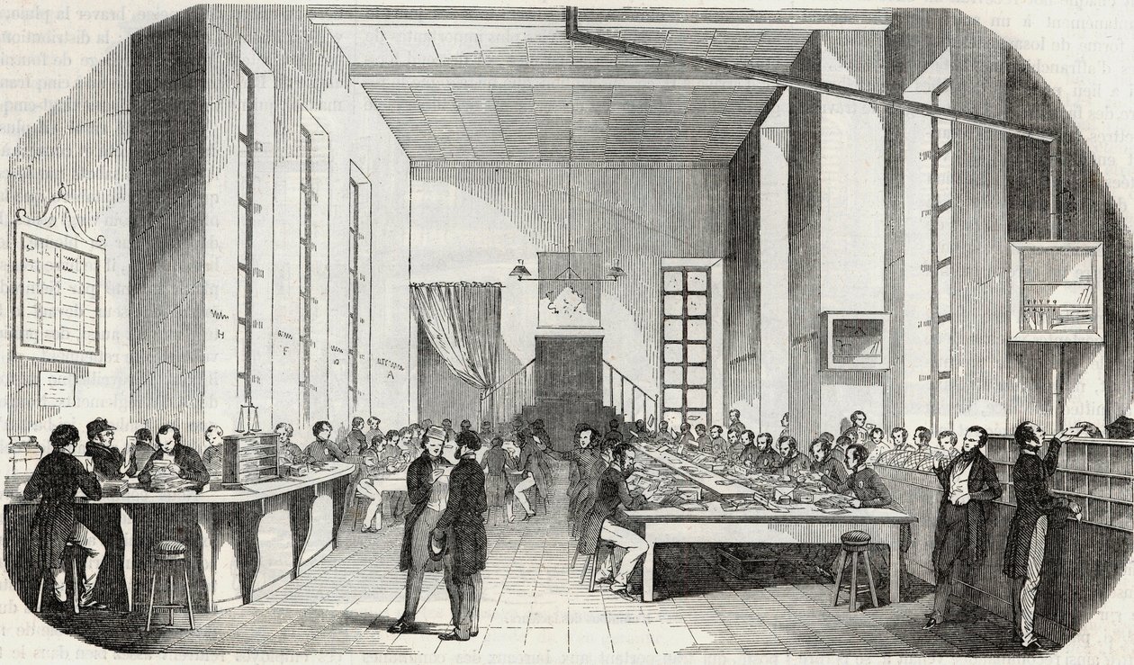 Sorteren van brieven in Parijs - Gravure in 
