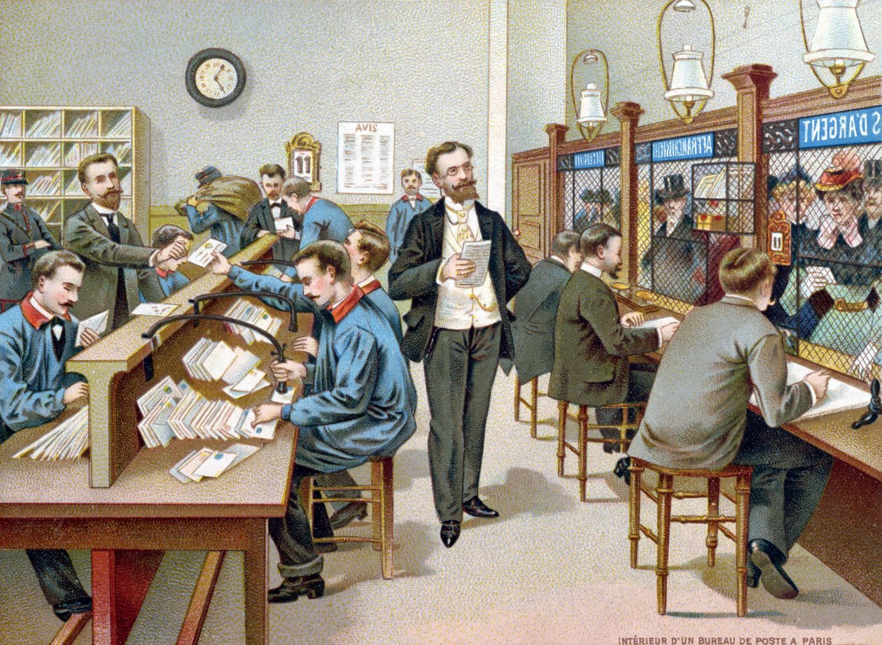 Sorteren van de post in een Parijse postkantoor, illustratie uit een postkantoor kalender, 1904 door French School