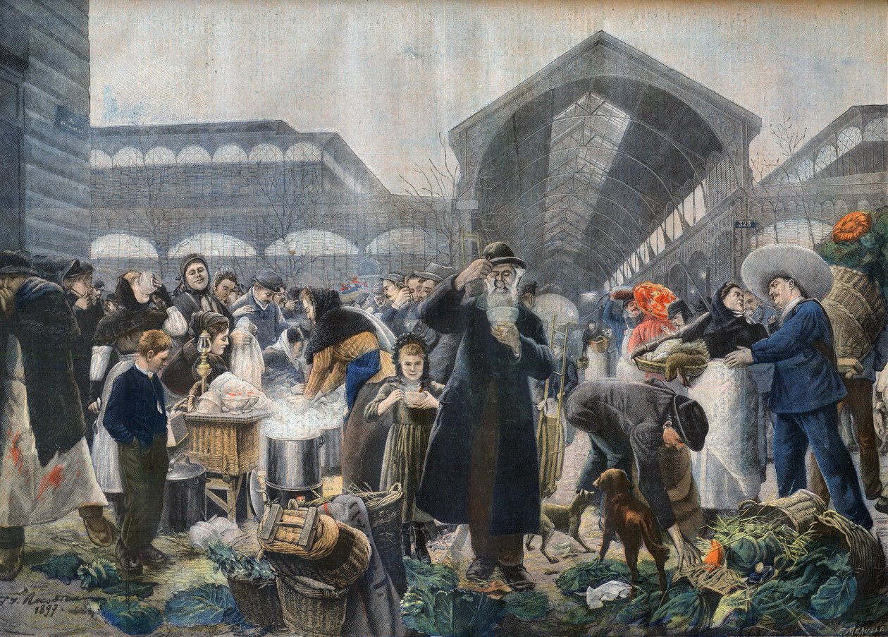 Soepkraam op de Les Halles Markt in de ochtend, illustratie uit Le Petit Journal, 2 maart 1897 - la soupe aux Halles le matin in Parijs - gravure door Fortune-Louis Meaulle naar Jean Jacques Rousseau (1861-1911) door French School