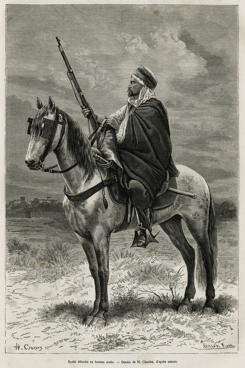 Spahi, efficiënte ruiter en gevreesd bijdragend aan de verovering van Algerije, in dienst van Frankrijk, gedetacheerd bij het Arabische kantoor, gravure naar een tekening van H. Charles, ter illustratie van het verhaal Tebessa en zijn monumenten (Algerije) door French School