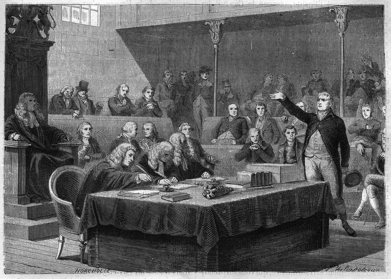 Toespraak van Afgevaardigde Fox aan het Parlement van Engeland over de invasie van Frankrijk in Zwitserland, november 1802 - Gravure uit 